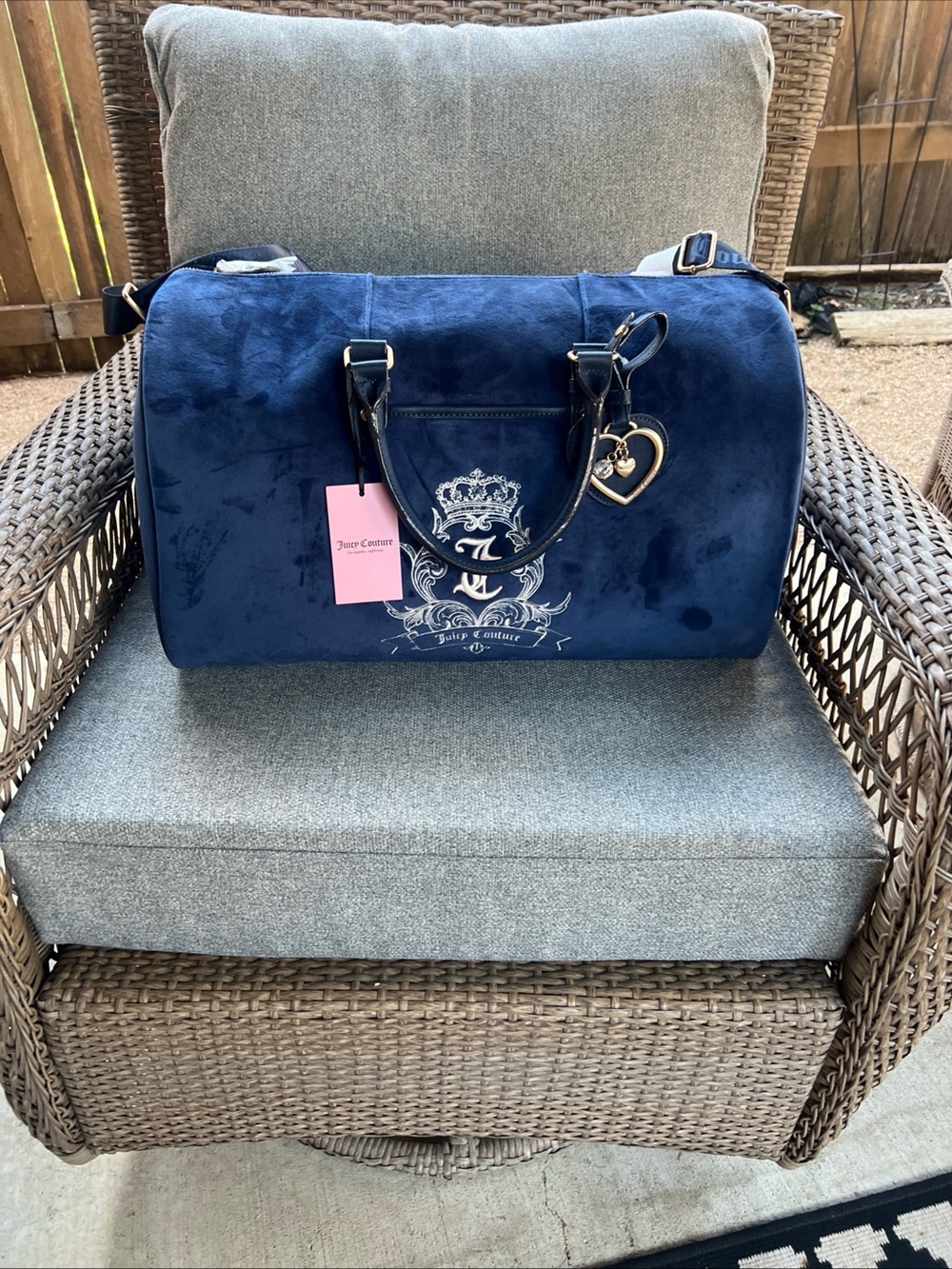 NWT Juicy Couture Velour Duffel Bag Regal Blue Crest Weekender Travel Overnight